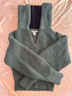 Athleta Sage Green Half-Zip Hooded Ribbed Sweater